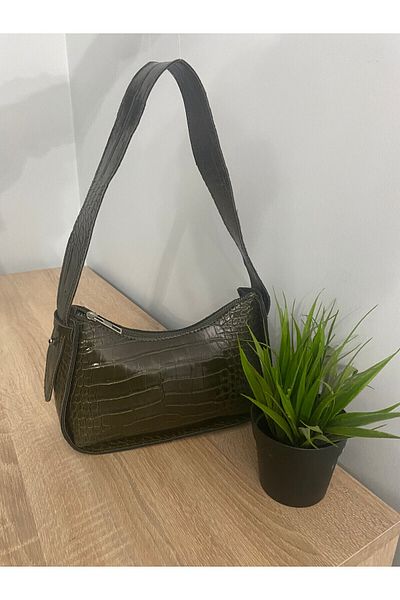 YMZBAG Khaki Green Women's Crocodile Patterned Baguette Bag