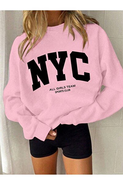 PALPİTO Ženska ružičasta majica Nyc Girls Štampano okrugla kragna Oversize kroj