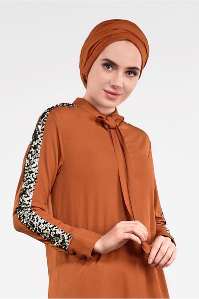 TRENDTESETTÜR Tan Women's Tunic 5032 - Sequined Sleeves