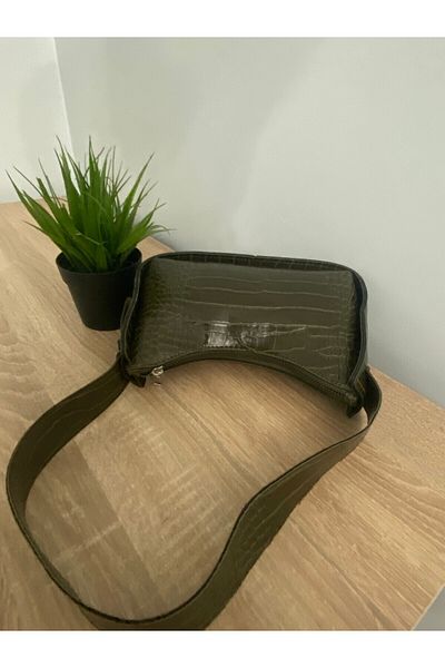 YMZBAG Khaki Green Women's Crocodile Patterned Baguette Bag