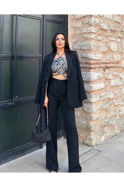 SUXİRCNHTMTS Kadın Tek Düğmeli Ceket Palazzo Pantolon Takım