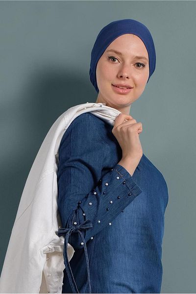 TRENDTESETTÜR Women's Dark Blue Cotton Denim Tunic with Pearls - 8411