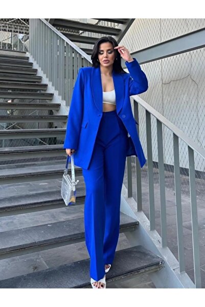 SUXİRCNHTMTS Kadın Tek Düğmeli Ceket Palazzo Pantolon Takım
