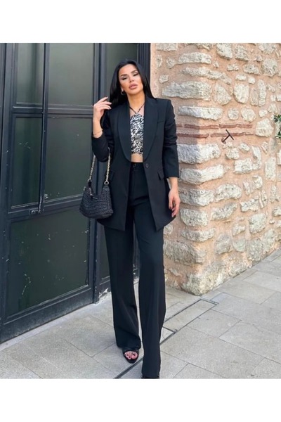 SUXİRCNHTMTS Kadın Tek Düğmeli Ceket Palazzo Pantolon Takım