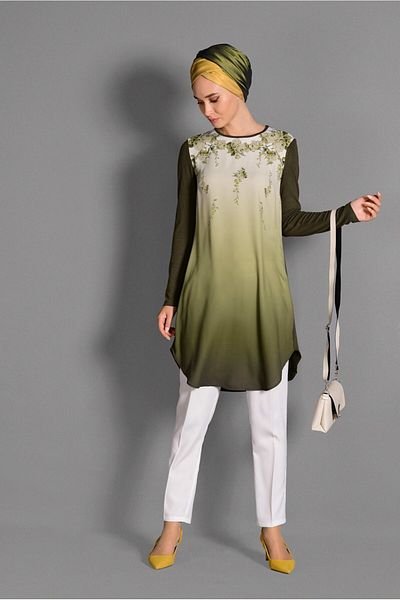 TRENDTESETTÜR Women's Khaki Print Detailed Crew Neck Tunic 4623