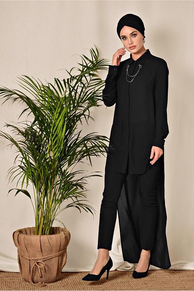 TRENDTESETTÜR Women's Black Long Back Collar Accessory Detailed Tunic 4925
