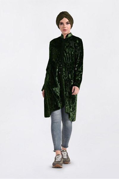 TRENDTESETTÜR Women's Khaki Judge Collar Zippered Velvet Tracksuit Tunik 4872