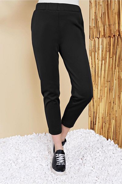 TRENDTESETTÜR Women's Black Trousers with Elastic Waist and Pockets 29402