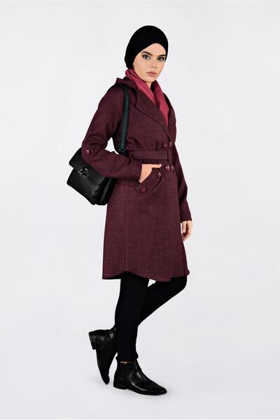 TRENDTESETTÜR Burgundy Double Breasted Women's Clothing with Belt - 4636
