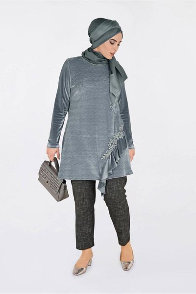TRENDTESETTÜR Women's Gray Ruffle Detailed Tunic 2756