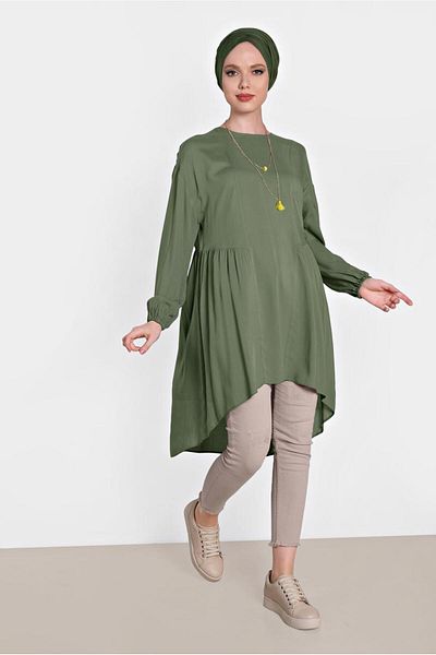TRENDTESETTÜR Women's Khaki Pleated Detailed Loose Tunic 4300