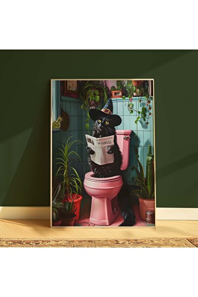 DES VU PRINT Tuvalette Oturan Cadı Kedi Posteri, Witch Cat Çerçevesiz Poster