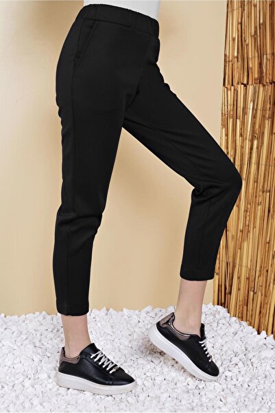 TRENDTESETTÜR Women's Black Trousers with Elastic Waist and Pockets 29402