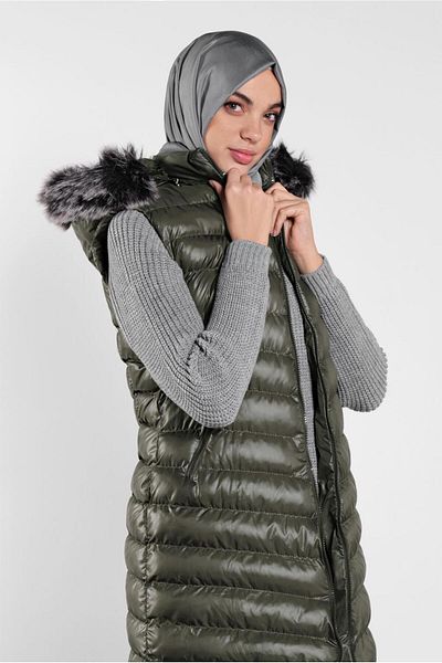 TRENDTESETTÜR Women's Khaki Hooded Fur Puffer Vest 673