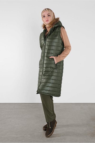 TRENDTESETTÜR Women's Khaki Hooded Fur Puffer Vest 1453