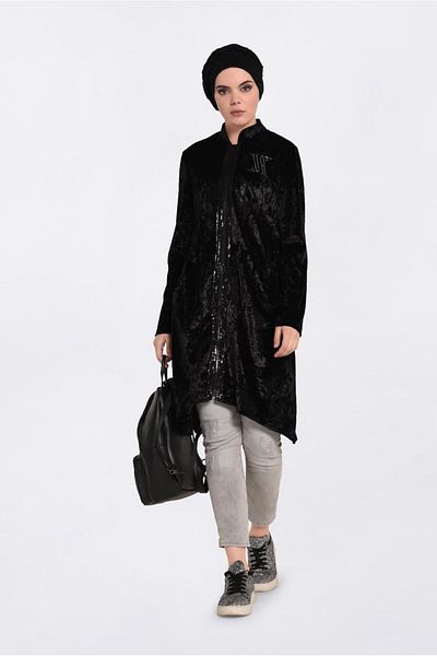 TRENDTESETTÜR Women's Black Judge Collar Zippered Velvet Tracksuit Tunik 4872