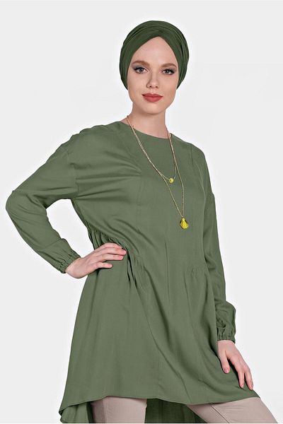 TRENDTESETTÜR Women's Khaki Pleated Detailed Loose Tunic 4300
