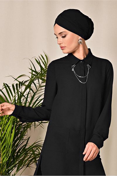 TRENDTESETTÜR Women's Black Long Back Collar Accessory Detailed Tunic 4925