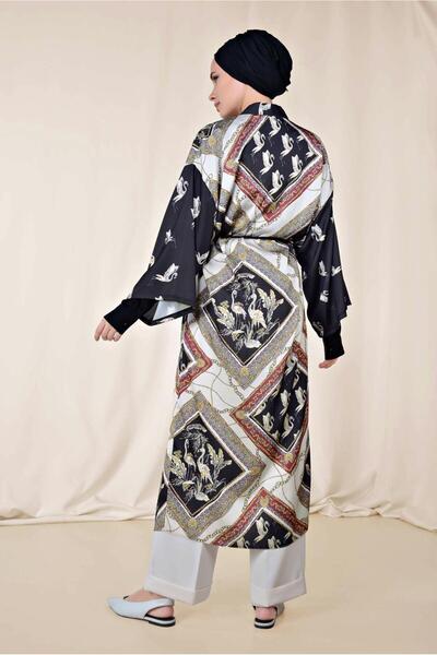 TRENDTESETTÜR Women's Gray Patterned Belted Kimono - Bordo 4089