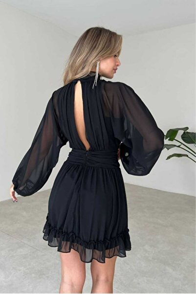 MODA DURAĞI Dik Yakalı Şifon Lacivert Elbise