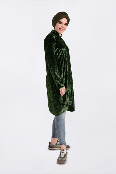 TRENDTESETTÜR Women's Khaki Judge Collar Zippered Velvet Tracksuit Tunik 4872