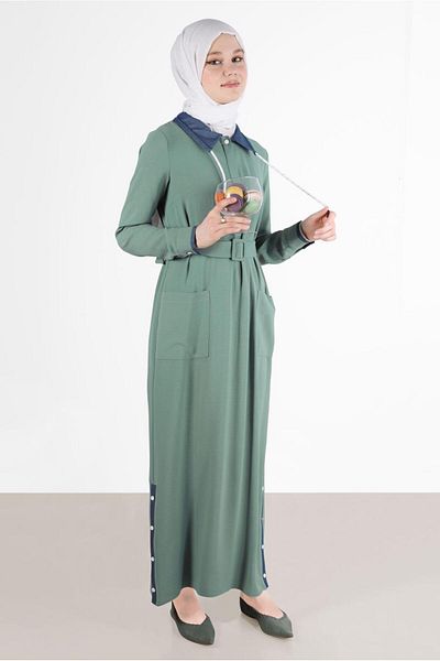 Alvina 41738 Model Buttoned Dress with Skirt and Belt
