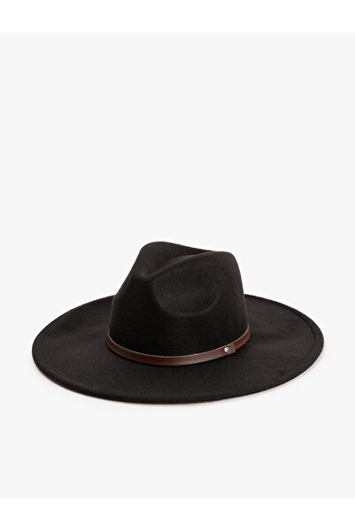 Koton Faux Leather Fedora Hat - Stripe Detailed