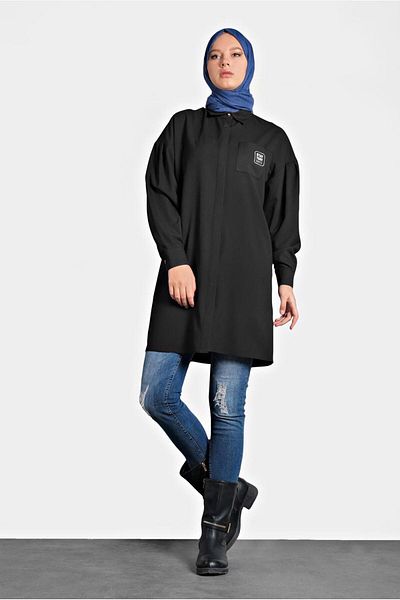 TRENDTESETTÜR Women's Black Pocket Print Detailed Hidden Button Tunic 40277