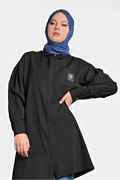 TRENDTESETTÜR Women's Black Pocket Print Detailed Hidden Button Tunic 40277