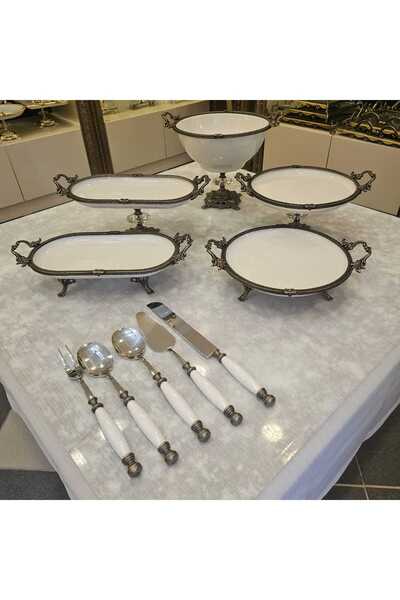 MaviDamla 10 Pieces Porcelain Presentation Set Antique with Handle Casted Edge Framed Foot