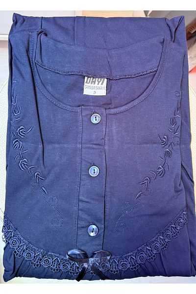 PİCAMABOX Women's Mother Nightgown Long Sleeve 100% Cotton Combed Chest Embroidery Detailed Navy Blue 3 Buttons Comfortable Fit