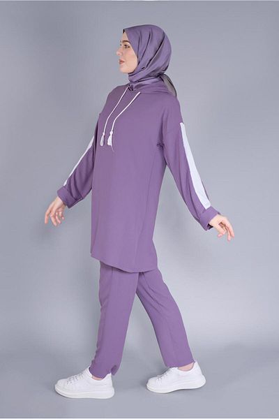 TRENDTESETTÜR Purple Hooded 2-Piece Women's Trousers Set - A.Purple 2766