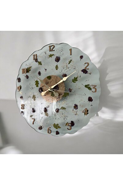 Home Epoksi Reçine Duvar Saati - Kurutulmuş Çiçek Ve Yaprak - Çap 30 Cm
