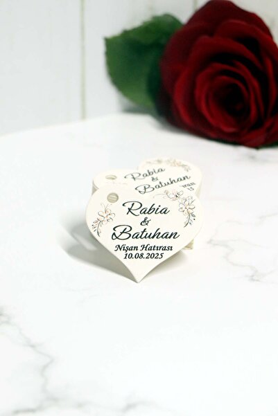 Vice Kalp kesim Nikah - Nişan etiketi / 100 adet kalp şeklinde kişiye özel etiket (4,5 cm)