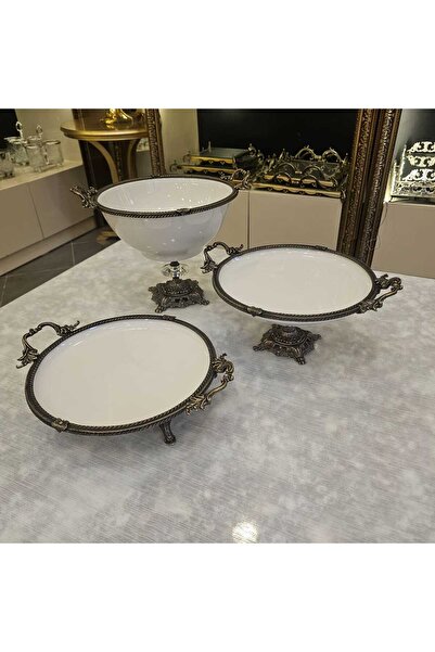 MaviDamla 10 Pieces Porcelain Presentation Set Antique with Handle Casted Edge Framed Foot