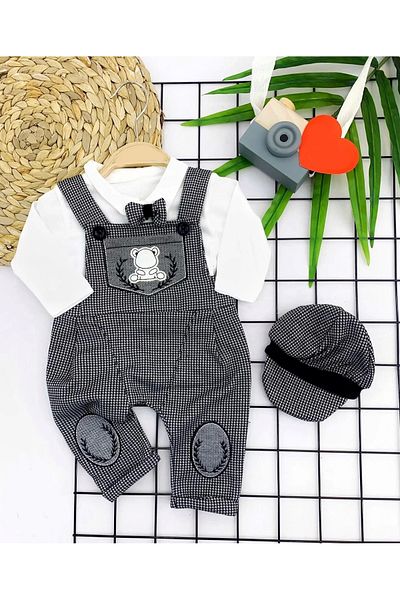 TİMİON Gray 3-Piece Salopet Set for Baby Boy - With Bow Tie, Gray Embroidery and Long Sleeve