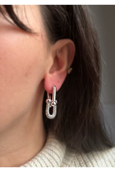 MioArt Women's Stoned Extra Luxury Nested Steel Earrings