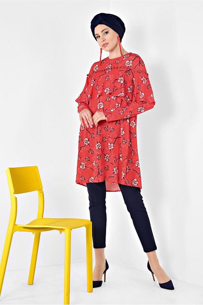 TRENDTESETTÜR Women's Red Floral Patterned Flounced Tunic 4938