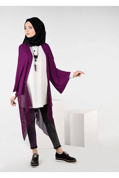 TRENDTESETTÜR Women's Purple (BEGONVİL) Mesh Detailed Asymmetric Cut Tunic 4854
