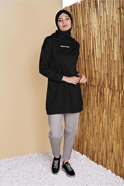 TRENDTESETTÜR Black Hooded Basic Women's Tracksuit Tunic - 1456