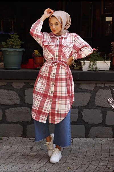 TRENDTESETTÜR Women's Coral Belted Plaid Pattern Lumberjack Tunic 1167
