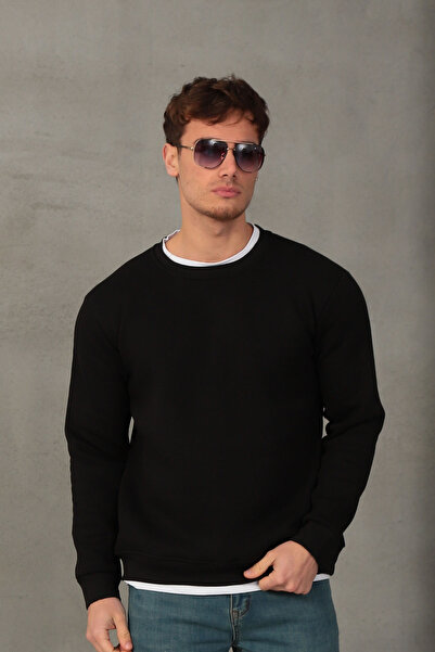 COTTONLAB Unisex Relax Fit Rahat Kesim Pamuklu Yumuşak Dokulu İçi Polarlı Basic Siyah Bisiklet Yaka Sweatshirt