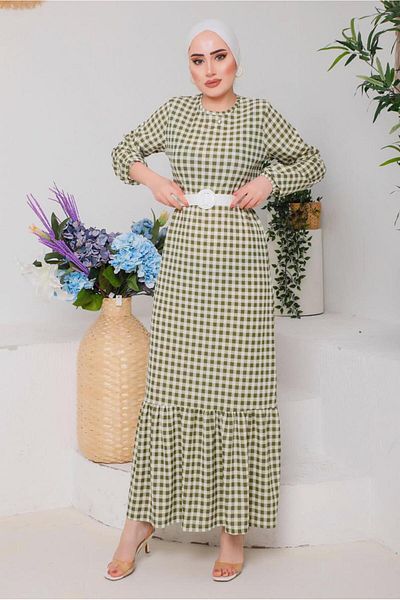 TRENDTESETTÜR Γυναικείο Πράσινο Φόρεμα Gingham με Ζώνη 6922