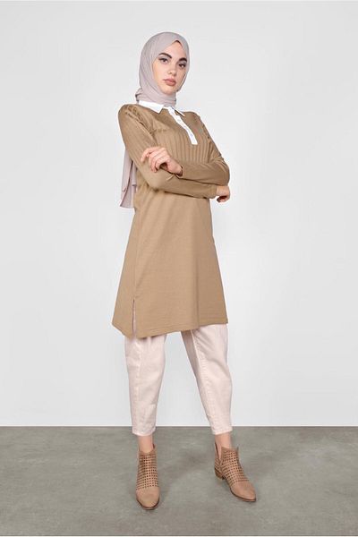 TRENDTESETTÜR Γυναικείο πλεκτό με γιακά πόλο καφέ (CAMEL) 41016