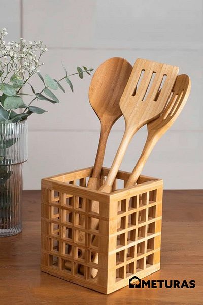 Meturas Organizator de Bucătărie Pătrat Bambus - Design Modern, Suport Pătrat pentru Linguri, Cutie Decorativă 13*13*15 Cm