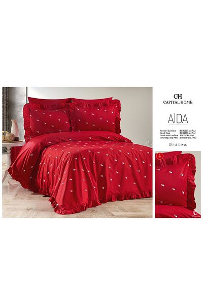 Capital Home Red Double - Heart Embroidery and Ruffle Detailed Duvet Cover Set