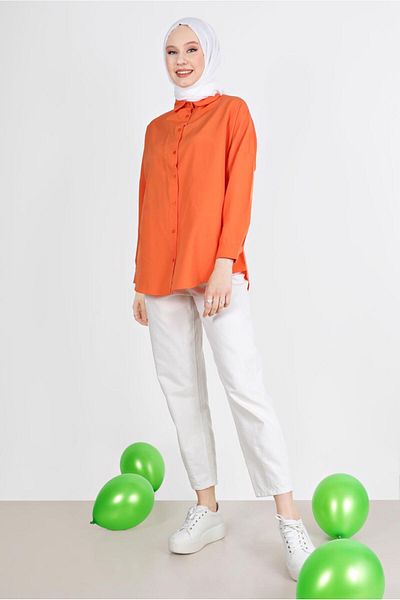 TRENDTESETTÜR Orange Simple Tunic - Women's, Buttoned, 3900