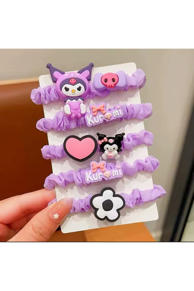 synshop Kuromi Sanrio Kawaii Kore 5li Lastik Simit Saç Toka Set Genç Kız Pren...