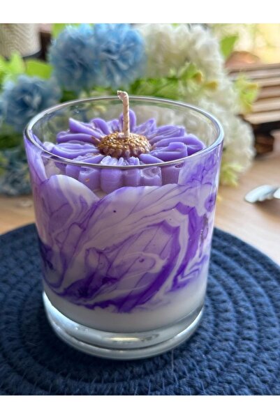 LARA küçük dükkan atolyesi Mor Papatya Mum Kavonoz Cam