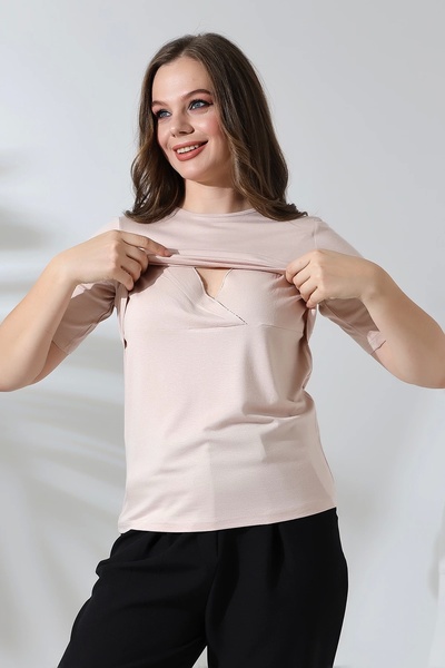 LadyMina Pijama Beige Colored Pregnant and Maternity Breastfeeding T-Shirt